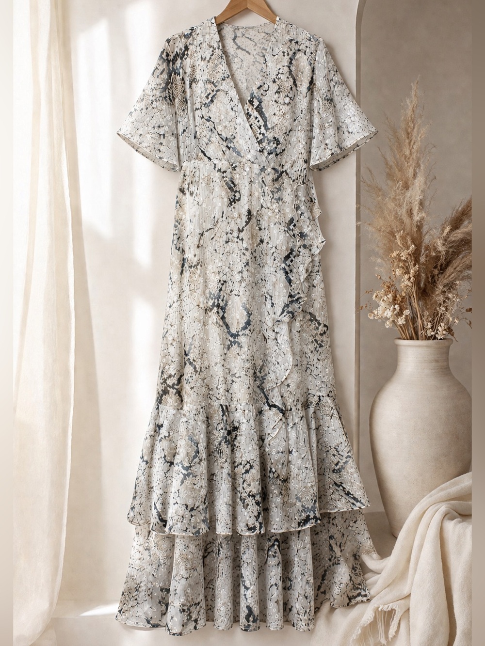 Boho Maxi Dress Snakeskin Print Flowy Ruffle Neutral 6